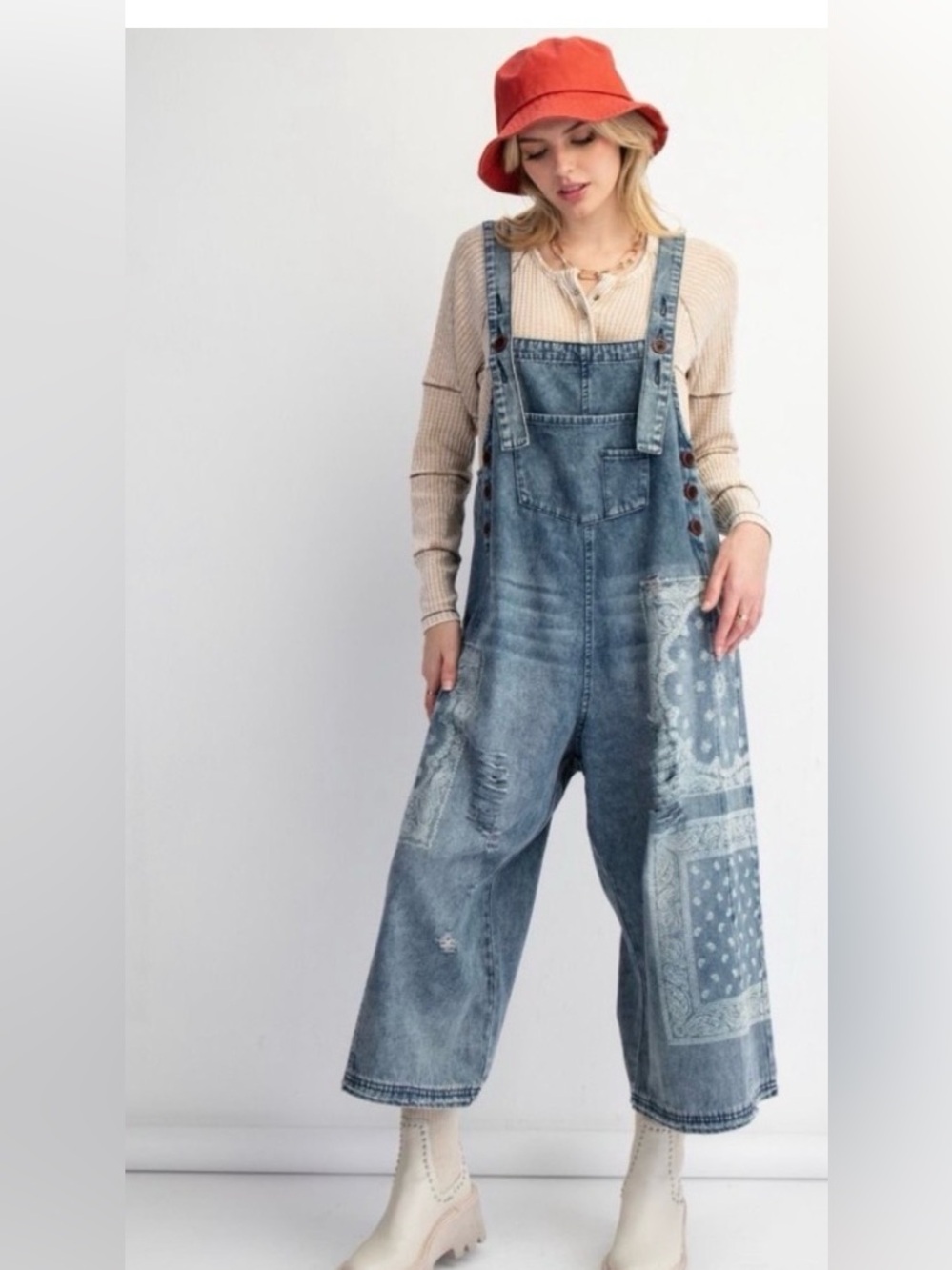 #1376 Light Blue Denim Patchwork Wide-Leg Overalls